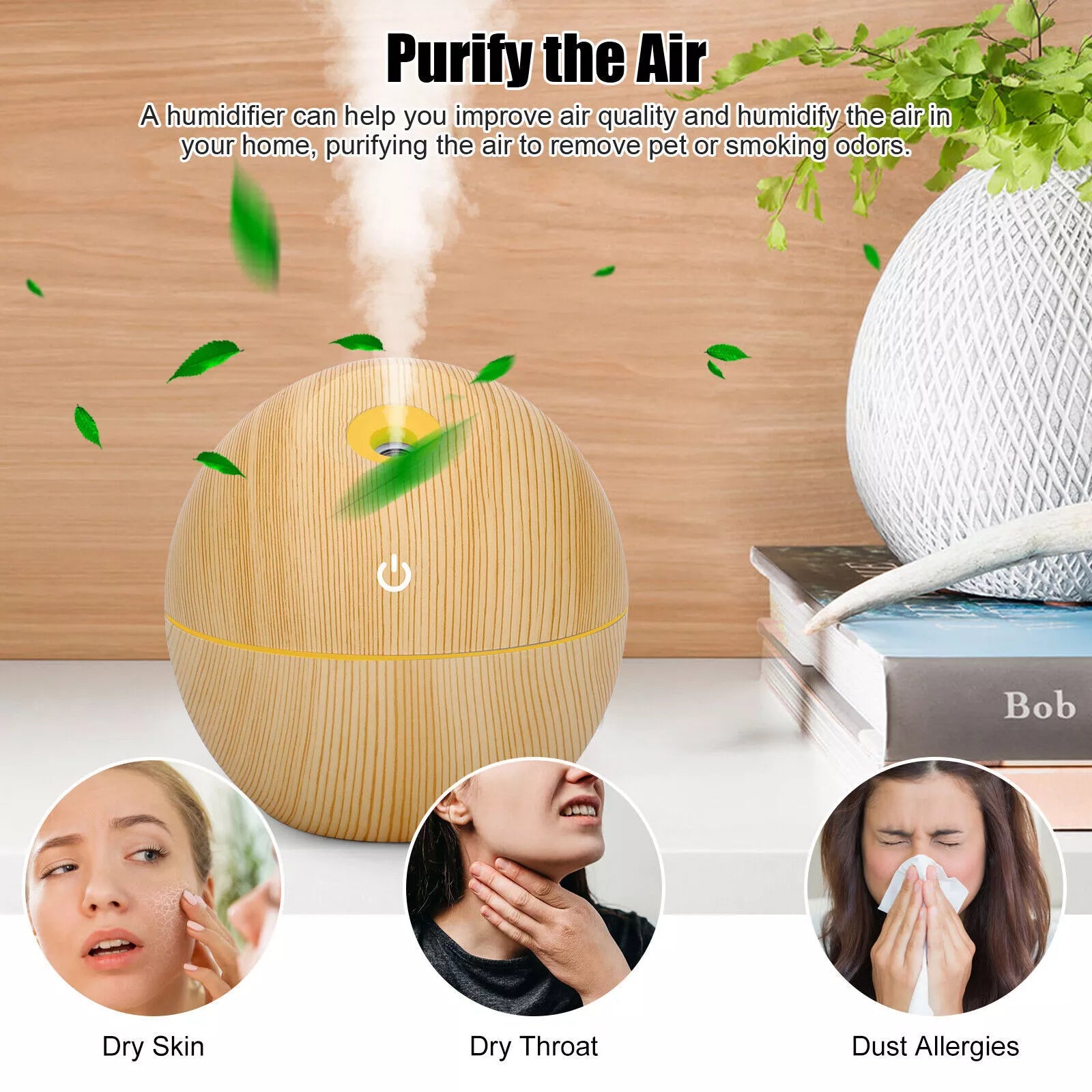 USB Aroma Humidifier Essential Oil Diffuser – Ultrasonic Cool Mist with 7-Color Changing LED Light, Wood Finish, 130ml