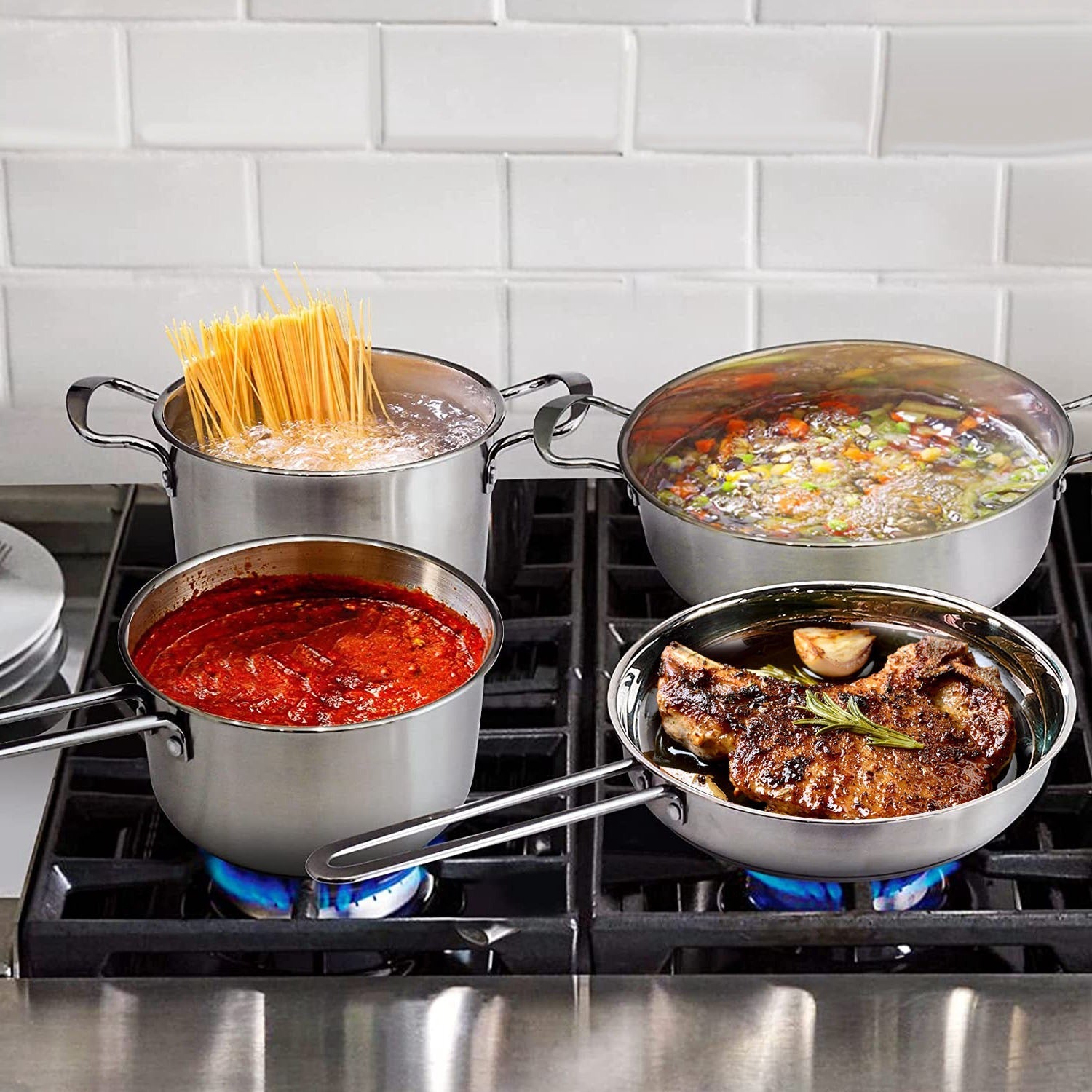 4‑Piece Stainless Steel Cookware Set – Frying Pan, 2 Qt Saucepan, 2.7 Qt & 3.7 Qt Stockpots with Lids