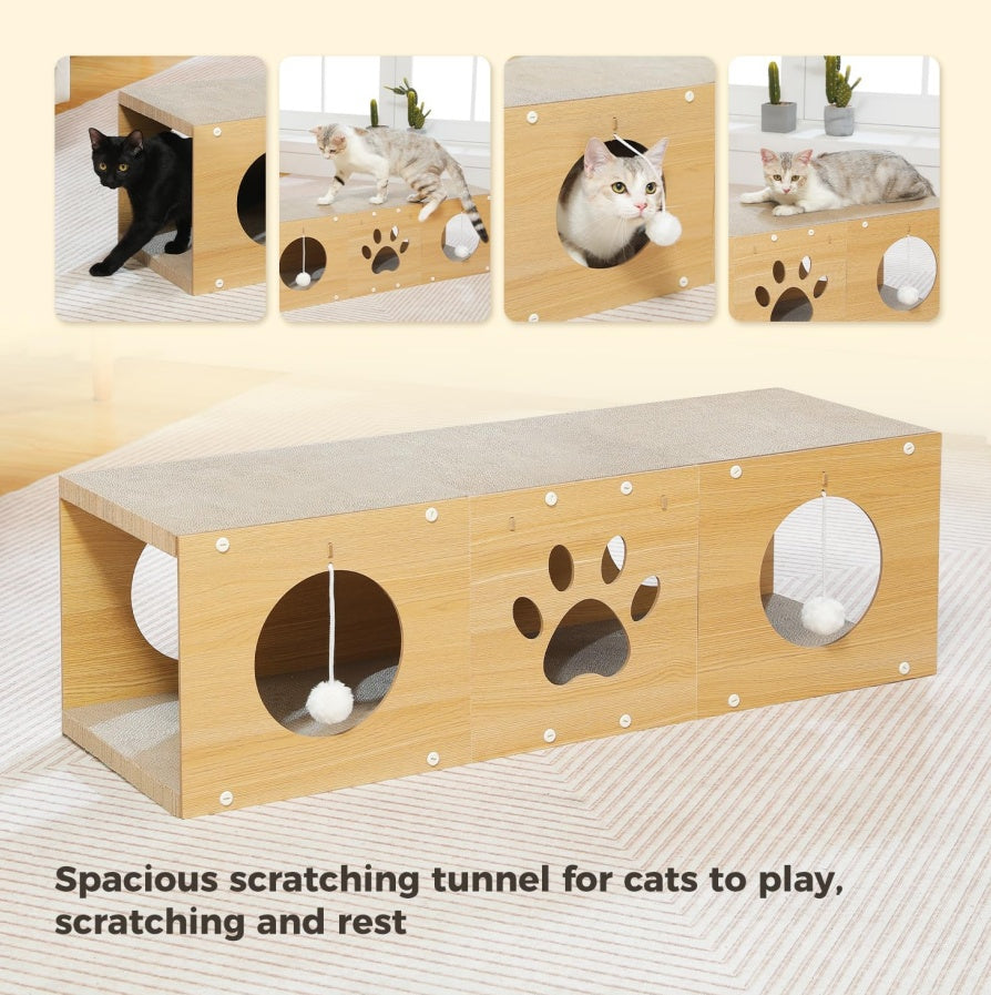 Multi-Hole Fun Cat Tunnel with Scratching Board & Pom-Poms – Interactive Tunnel House for Multi-Cat Families