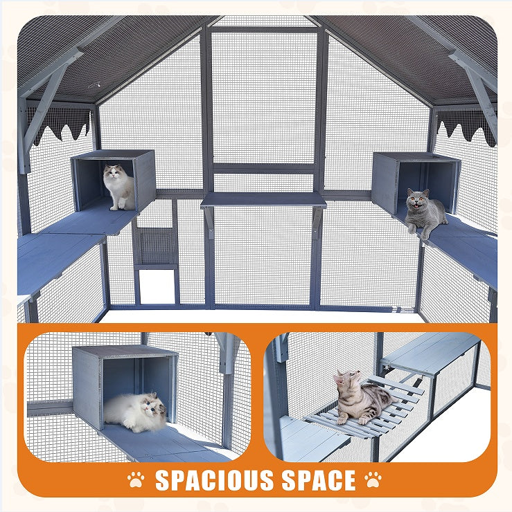 Outdoor Cat House Enclosure – Large Cat Fence with Upgraded Waterproof Cover (Grey)