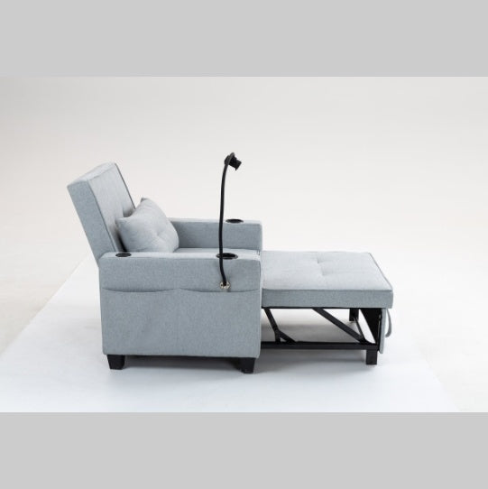 3-in-1 Convertible Sleeper Chair Bed with USB Ports - Pull-Out Futon Armchair (Grey)