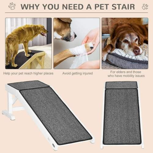 Dog Bed Ramp with Non-Slip Carpet & Top Platform – Wooden Pet Ramp for Small & Senior Dogs (