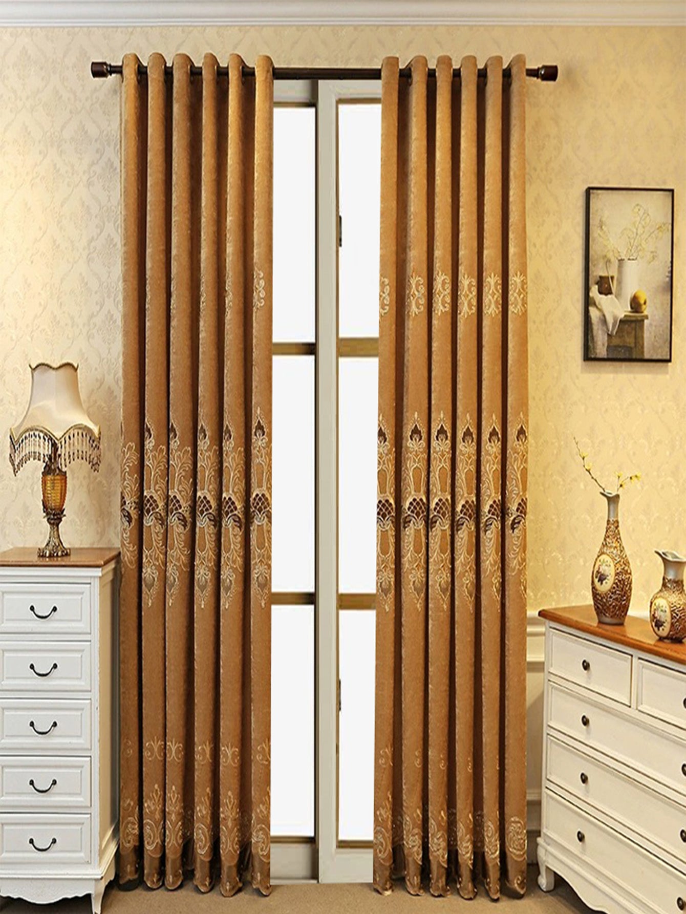 2-Piece Elegant European Blackout Curtains – Beige Velvet with Embroidery, UV Protection, Machine Washable