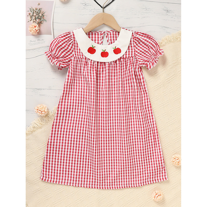Toddler Kids Girls Back to School Dress – Smocked Collar Puff Sleeve Plaid Embroidered Outfit