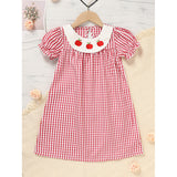 Toddler Kids Girls Back to School Dress – Smocked Collar Puff Sleeve Plaid Embroidered Outfit