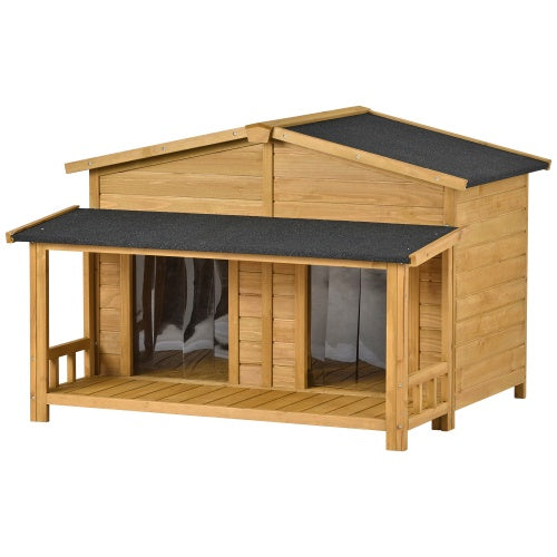 Large Wooden Dog House – Outdoor Hut Style with Porch & Dual Doors, Weatherproof Pet Shelter for Medium & Large Dogs