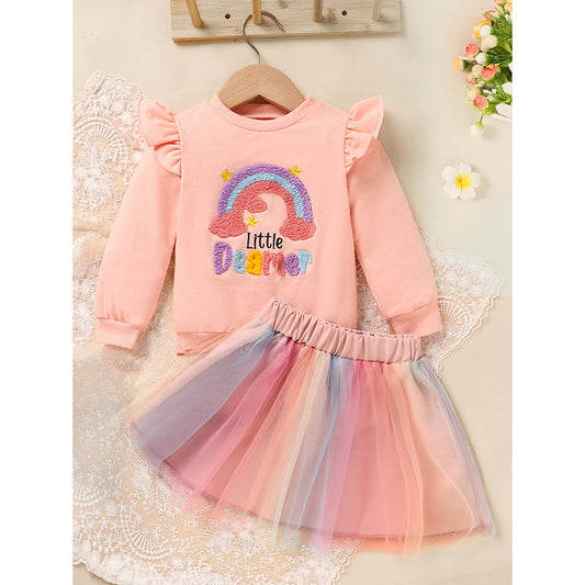 Baby Girls Rainbow Skirt Set 🌈 Embroidered Long Sleeve Sweatshirt + Tutu Outfit