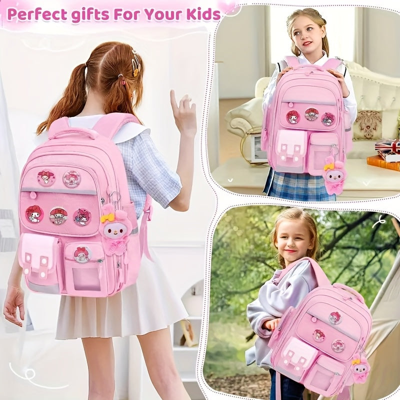 My Melody Premium Backpack Set – Large Capacity Bookbag + Badges + Stationery + Pencil Case + Stickers (Pink Cartoon)
