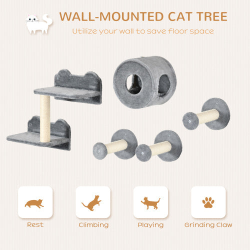 5-Piece Cat Wall Shelves Set – Wall-Mounted Climbing Activity Center with Condo, Cushion, Scratching Post & Jump Platforms