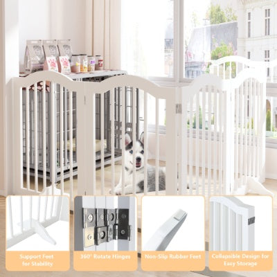 27.6″ Tall 4-Panel Freestanding Wooden Pet Gate – Foldable Safety Fence with Support Feet