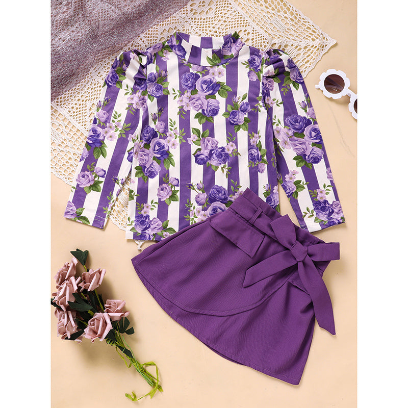 Toddler Girl Purple Rose Print Outfit – Stripe Top with Belted Skirt Set, Cute Holiday & Going Out Clothes for Spring and Fall