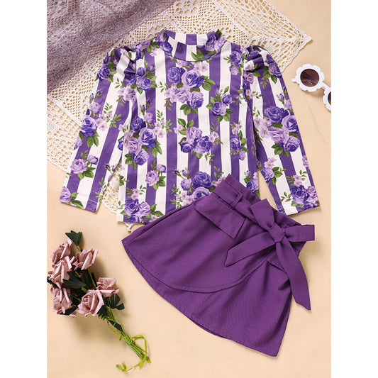 Toddler Girl Purple Rose Print Outfit – Stripe Top with Belted Skirt Set, Cute Holiday & Going Out Clothes for Spring and Fall
