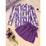 Toddler Girl Purple Rose Print Outfit – Stripe Top with Belted Skirt Set, Cute Holiday & Going Out Clothes for Spring and Fall