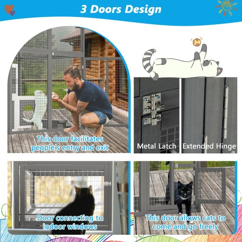 Outdoor Wooden Cat Catio – Spacious Walk-In Kennel with Platforms, Napping Houses & Solid Wood Construction (Grey)