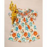 Toddler Baby Girl Pumpkin Smocked Dress – Fall Thanksgiving Halloween Embroidered Princess Party Outfit
