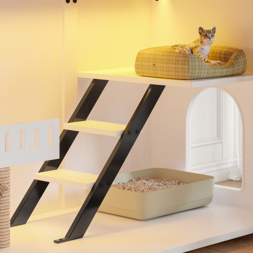 47.25″ Large Cat Litter Box Enclosure with LED Light – Hidden Cat House with Stairs, Scratching Post & Smart Doors (White)