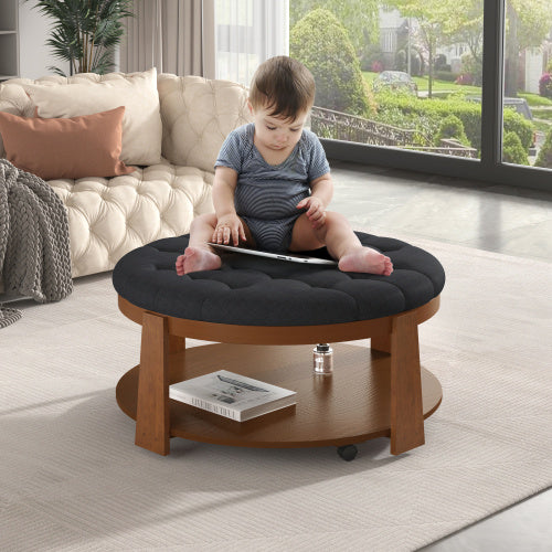 Round Velvet Storage Ottoman - Upholstered Footstool & Coffee Table