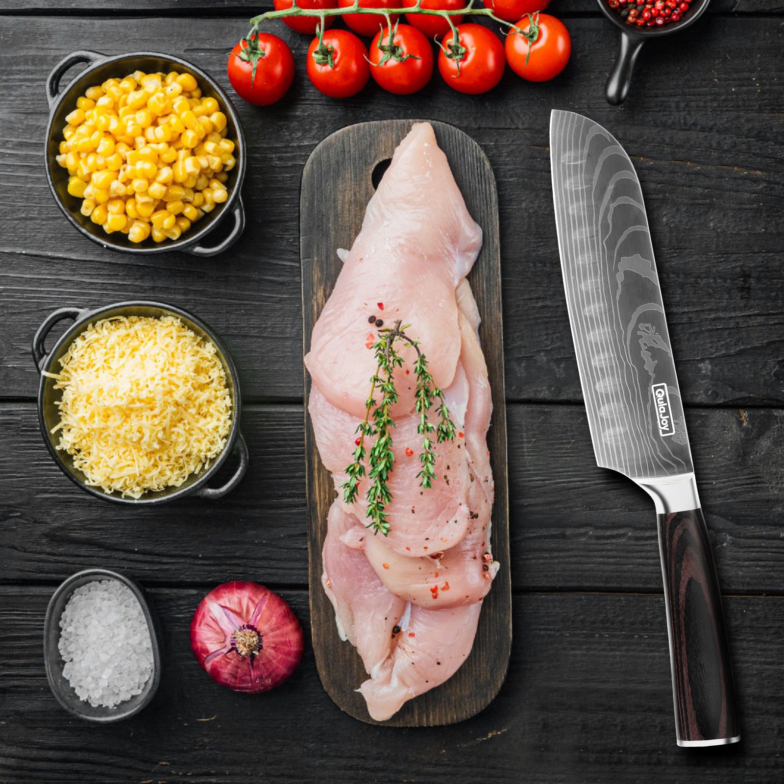 Qulajoy 8‑Inch High‑Carbon Stainless Steel Santoku Knife – Ergonomic Pakkawood Handle, Sleek & Sharp for Home Cooking
