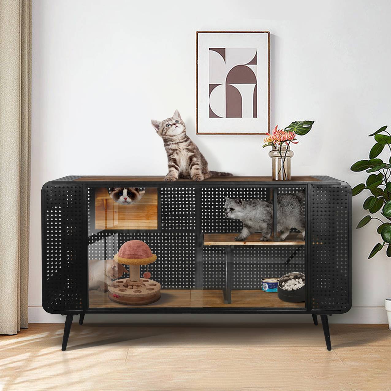 Spacious Cat House with Tempered Glass for Living Room & Hallway