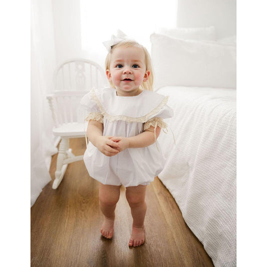 Baby Girl White Lace Romper 👶✨ Short-Sleeve Bubble Jumpsuit for Summer & Weddings 💒☀️
