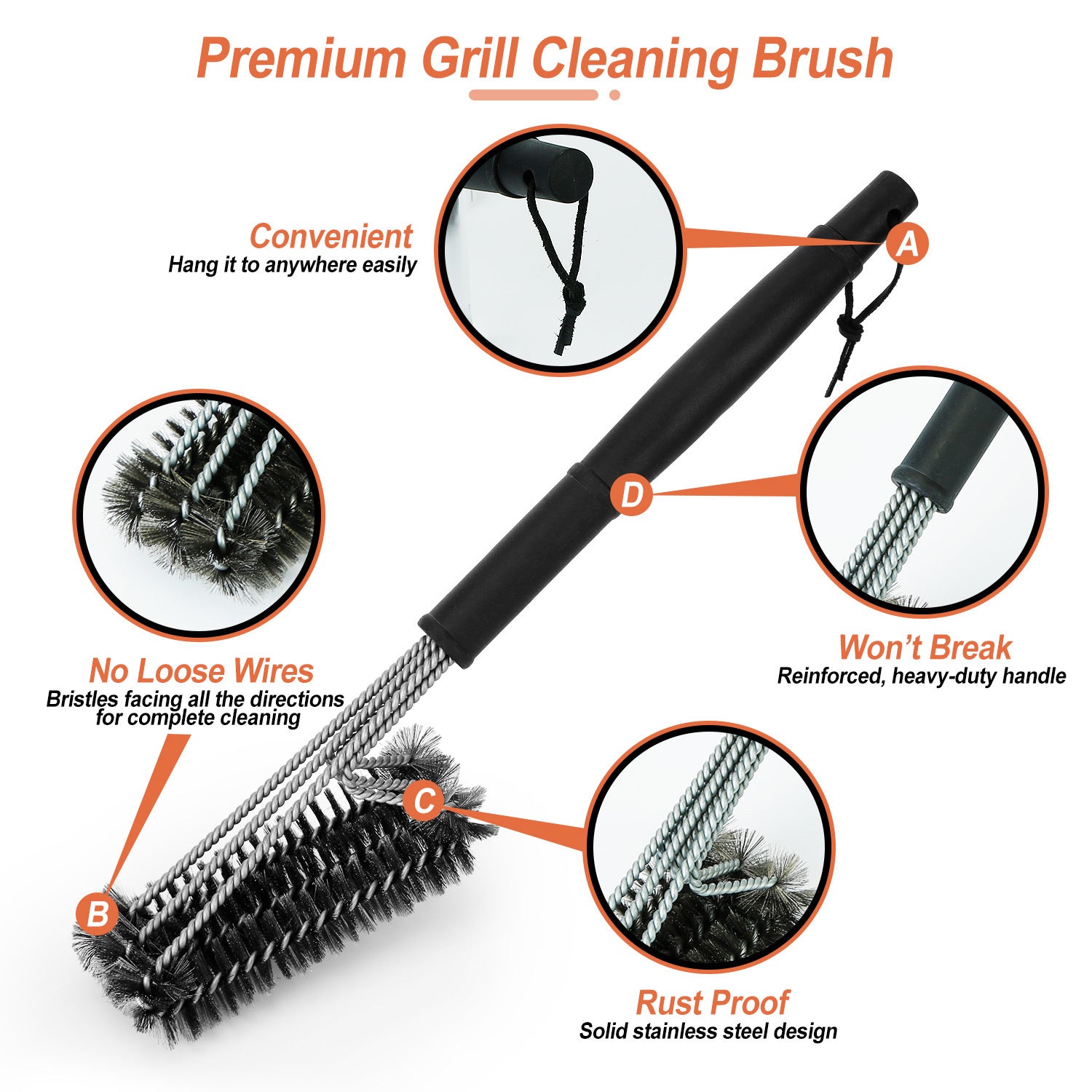 BBQ Grill Cleaning Brush – 18" Stainless Steel Bristles with Durable Scraper & Non-Slip Handle