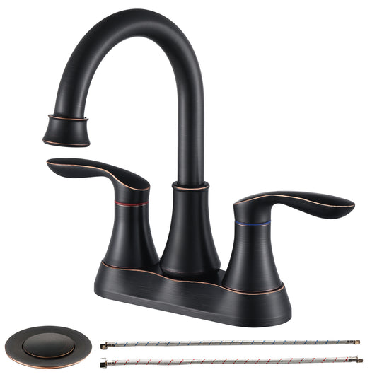 2‑Handle 4‑Inch Oil Rubbed Bronze Bathroom Faucet – Elegant Centerset Design with Pop‑Up Drain & Hoses