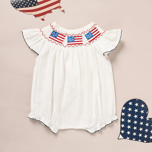 Baby Girl 4th of July Bubble Romper – Smocked Fly Sleeve Bodysuit 🇺🇸