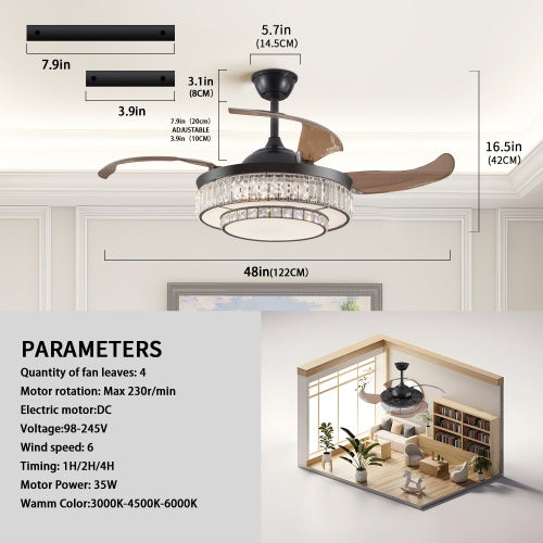 Retractable Ceiling Fan with LED Light & Remote Control