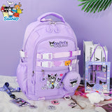 Kuromi Large-Capacity Backpack Set – Kids & Teens Bookbag + Coin Purse + Plush Charm + Stationery Set + Badge Bundle