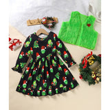 Toddler Kids Baby Girl Christmas Dress Set – Long Sleeve Cartoon Print Party Dress with Heart Print Vest Coat, Cute Holiday Outfit
