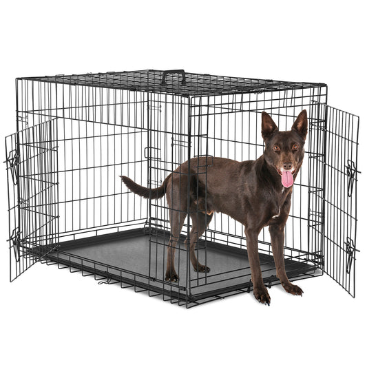 Dog Cage with Two Doors – Foldable Metal Crate with Removable Tray, Double-Locking System & Carry Handle for Small & Medium Dogs