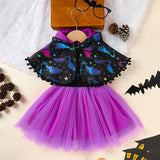 Little Girls 2PCS Halloween Outfit – Sleeveless Tulle Dress with Hooded Cloak Costume Set