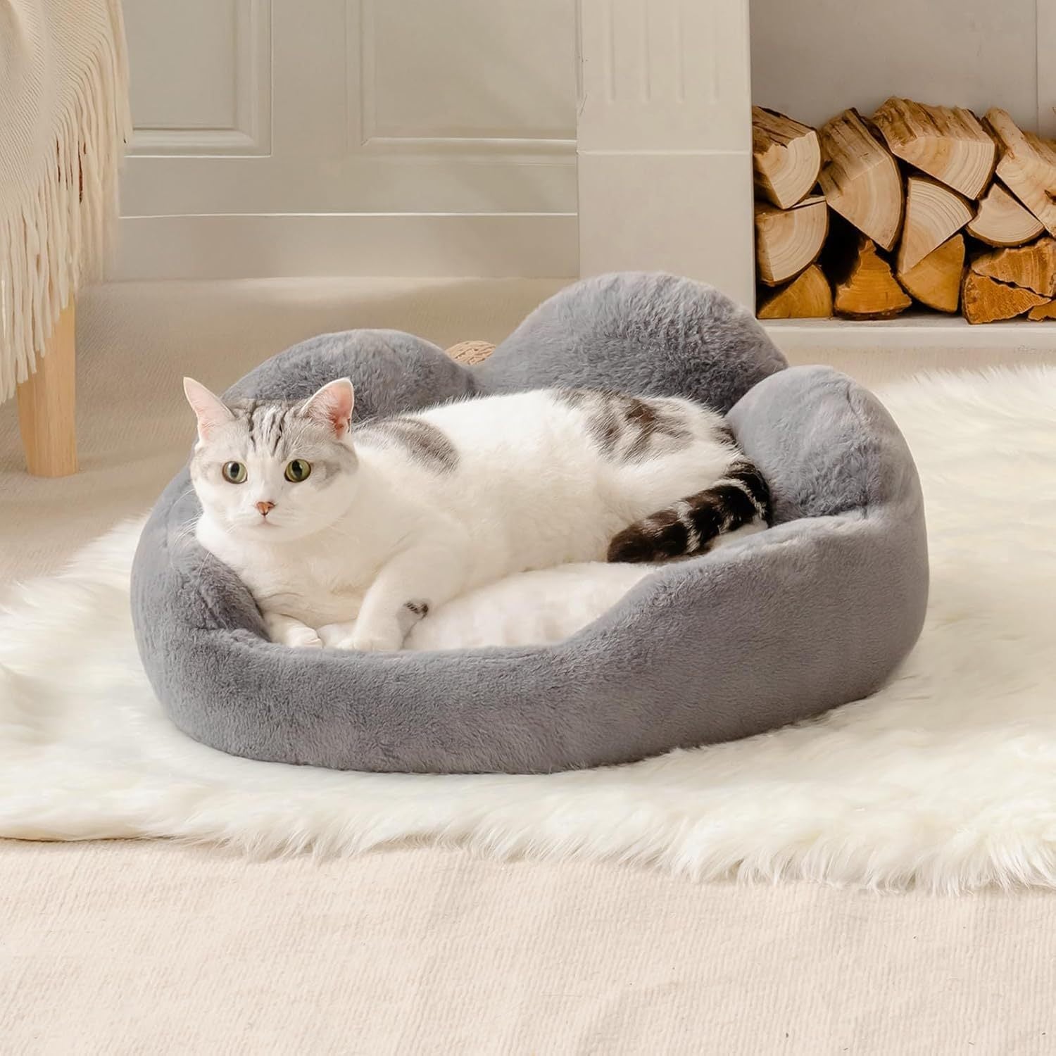 Mewoofun Cat & Small Dog Bed – 23" Grey Fluffy Flower-Shaped Washable Sofa Bed with Non-Slip Bottom for Puppies & Kittens