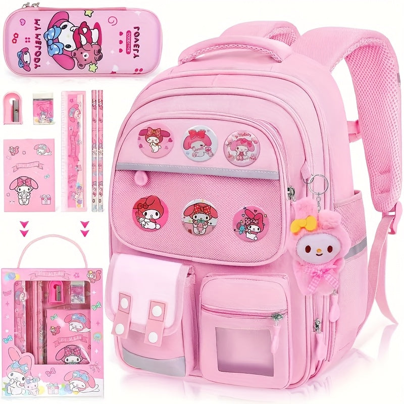 My Melody Premium Backpack Set – Large Capacity Bookbag + Badges + Stationery + Pencil Case + Stickers (Pink Cartoon)