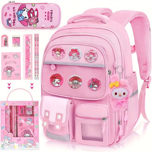 My Melody Premium Backpack Set – Large Capacity Bookbag + Badges + Stationery + Pencil Case + Stickers (Pink Cartoon)