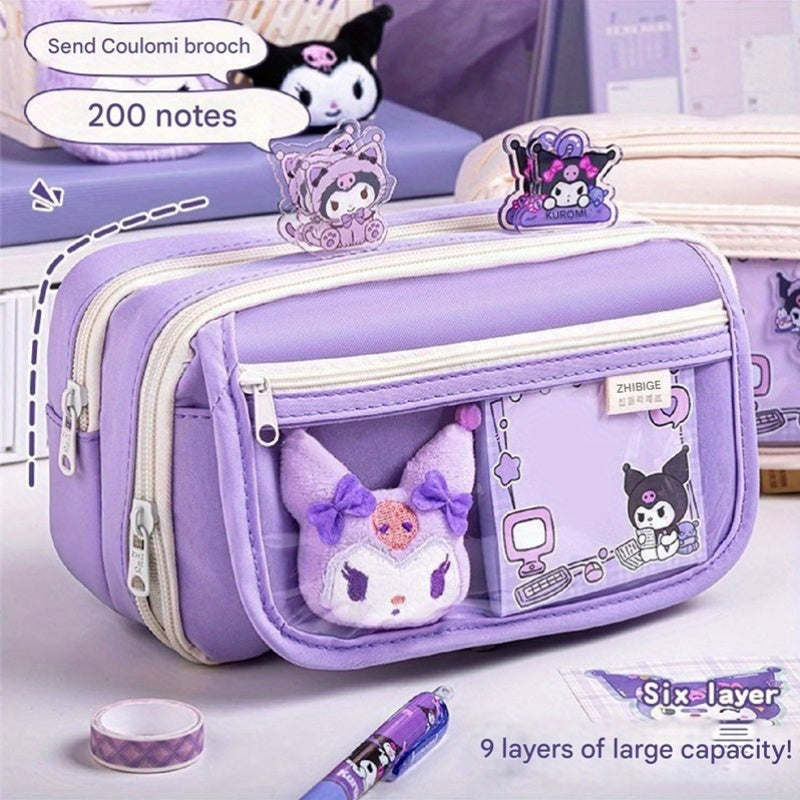 Kuromi Transparent Multi-Compartment Pencil Case – Large Capacity, Free Stickers, Violet-White Design