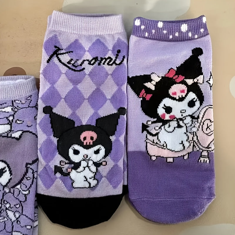 Sanrio Kuromi 5-Pack Women’s Cute Cartoon Short Socks – Bright Purple, Soft Polyester Blend, Spring-Summer-Fall Everyday