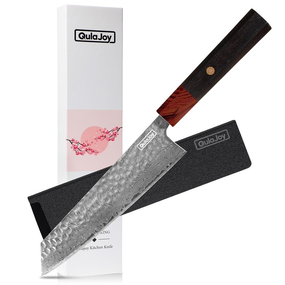 Qulajoy 8‑Inch Japanese Damascus VG‑10 Chef Knife – Hammered Blade with Octagonal African Rosewood Handle & Sheath
