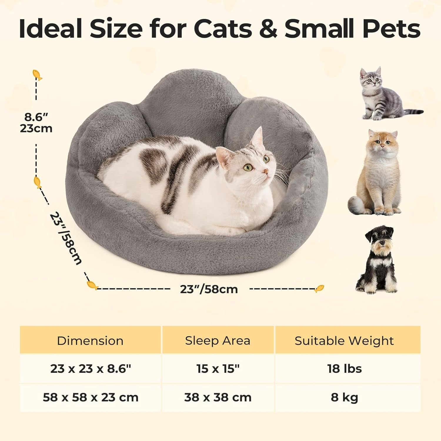 Mewoofun Cat & Small Dog Bed – 23" Grey Fluffy Flower-Shaped Washable Sofa Bed with Non-Slip Bottom for Puppies & Kittens