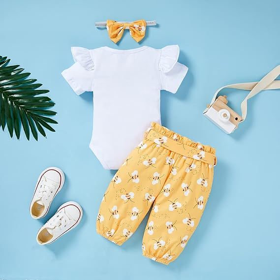 Infant Baby Girl Sweet Bee Outfits – Letter Print Romper, Honey Bee Pants & Bowknot Headband Set
