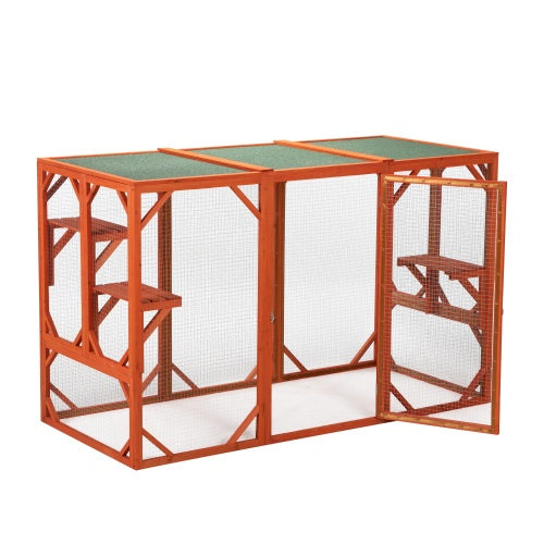 Outdoor Wooden Cat House – Waterproof Asphalt Roof & Fir Mesh Enclosure (Orange)
