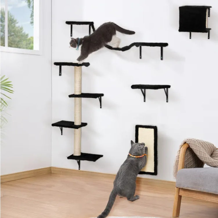 5-Piece Wall-Mounted Cat Climber Set – Floating Cat Shelves, Perches & Scratching Posts, Modern Activity Tree Furniture