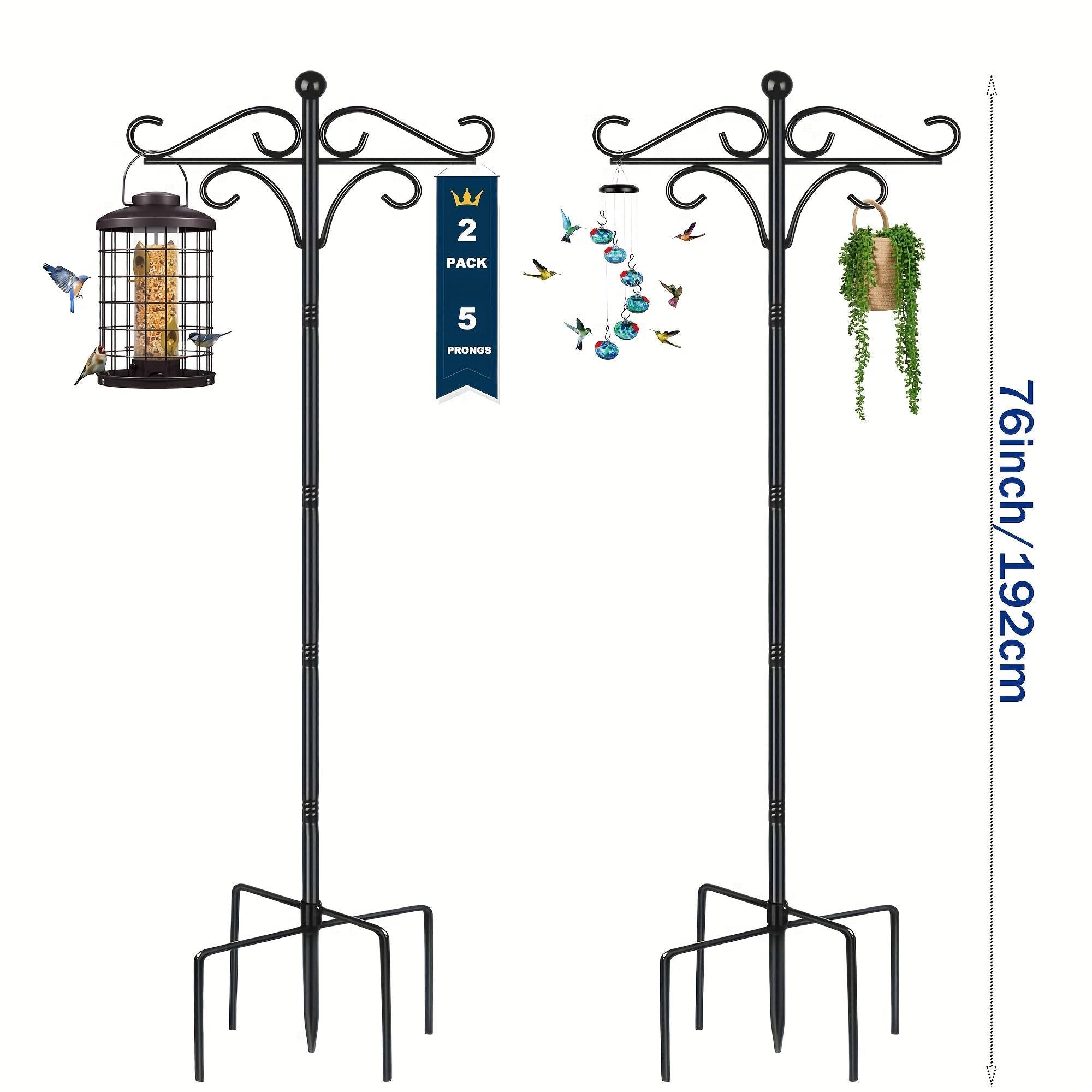 Two Heavy-Duty 76-Inch Outdoor Metal Shepherd’s Hooks – Double Bird Feeder Pole with Five-Finger Adjustable Plant Hooks, Garden & Wedding Décor