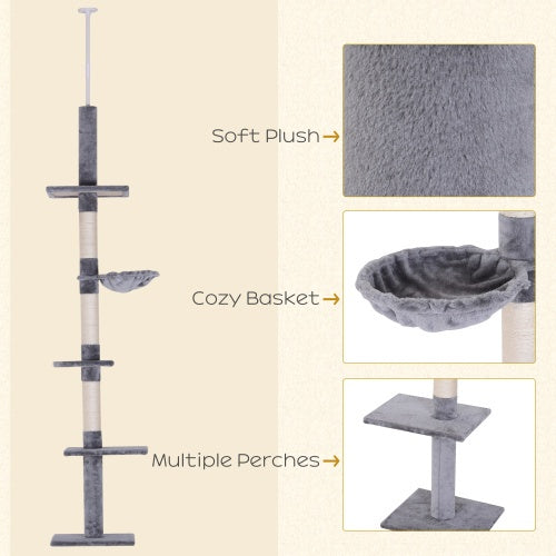PawHut 9′ Adjustable Floor-to-Ceiling Vertical Cat Tree – 5-Tier Plush Platforms with Sisal Scratching