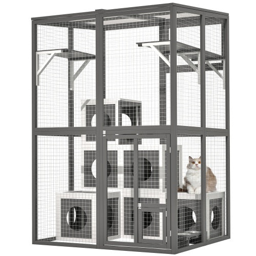 Outdoor Wooden Cat Catio – Spacious Walk-In Kennel with Platforms, Napping Houses & Solid Wood Construction (Grey)