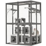Outdoor Wooden Cat Catio – Spacious Walk-In Kennel with Platforms, Napping Houses & Solid Wood Construction (Grey)