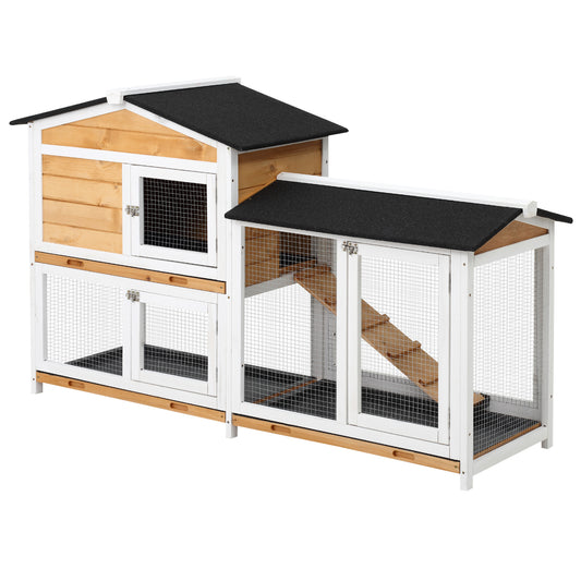2-Storey Wooden Rabbit Hutch – Small Animal House with Ramp, Enclosed Shelter & Open Run Area