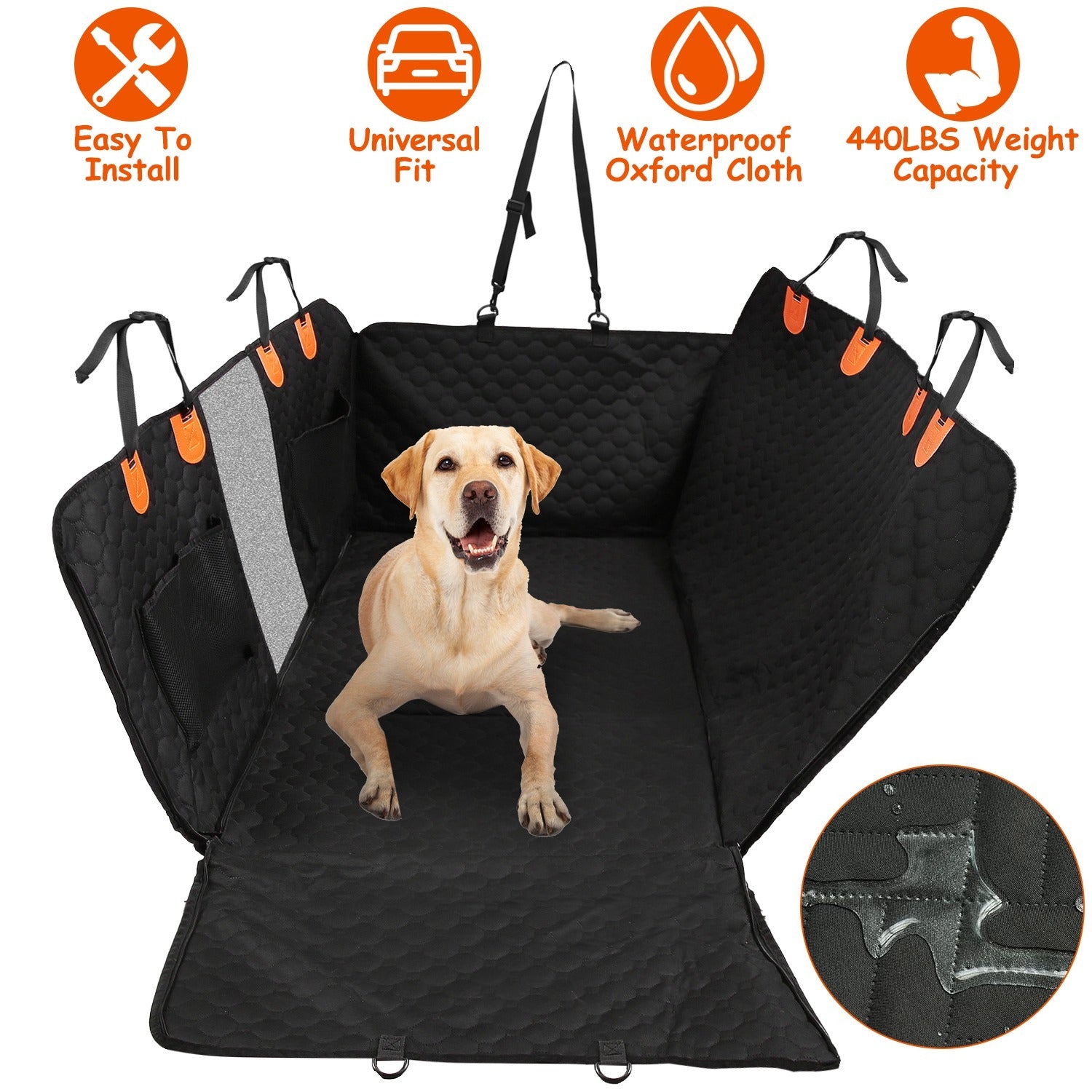 Dog Car Back Seat Cover – Waterproof 600D Oxford Cloth Protector with Zipper Mesh Window, Storage Bags & Side Flaps for Cars, Trucks & SUVs