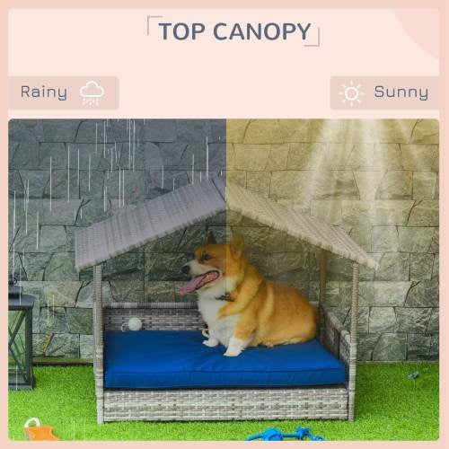 Rattan Dog House – Outdoor Canopy Bed with Waterproof Mat, Stylish Rattan Frame for Small & Medium Dogs