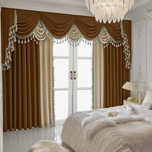 Finished Retro Villa Velvet Splicing Curtains – Thickened Light Luxury Velvet, Patchwork Design, Blackout Rod-Pocket Drapes with Wave Fold Top